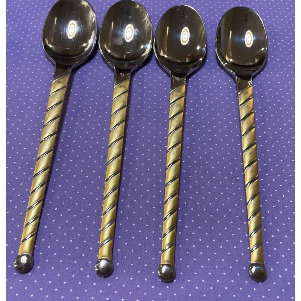 Cambridge Uptown Frosted Twist Ball Tip Stainless Gold Silver Oval Soup Spoons 4